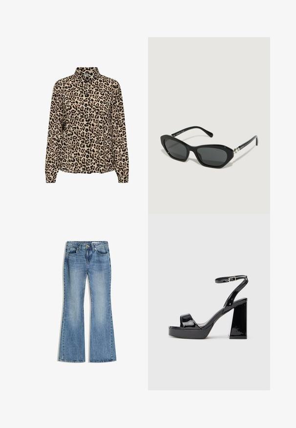 JDY JDYBROOKE LS NOOS - Overhemdblouse - pumice stone; Blauwe spijkerbroek met hoge taille en uitlopende pijpen, voorzien van voorzakken en een knoopsluiting.; Zwarte lakleren platform sandaal met chunky hoge hak en enkelbandje met gespsluiting op een witte achtergrond.; Zwarte cat-eye zonnebril met donkere lenzen, een glanzend plastic montuur en zilverkleurige accenten op de veren met decoratieve elementen.