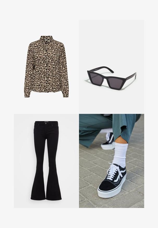 JDY JDYBROOKE LS NOOS - Chemisier - pumice stone; Jean évasé noir en tissu lisse, taille mi-haute, poches avant et fermeture par bouton. L'ourlet s'évase vers le bas.; Baskets en suède noir avec des accents et des lacets blancs, présentant une épaisse semelle blanche et des coutures contrastantes, associées à une chaussette blanche.; Lunettes noires angulaires avec des verres gris ; fabriquées en plastique, avec des branches épaisses à la surface lisse et sans matériel visible.