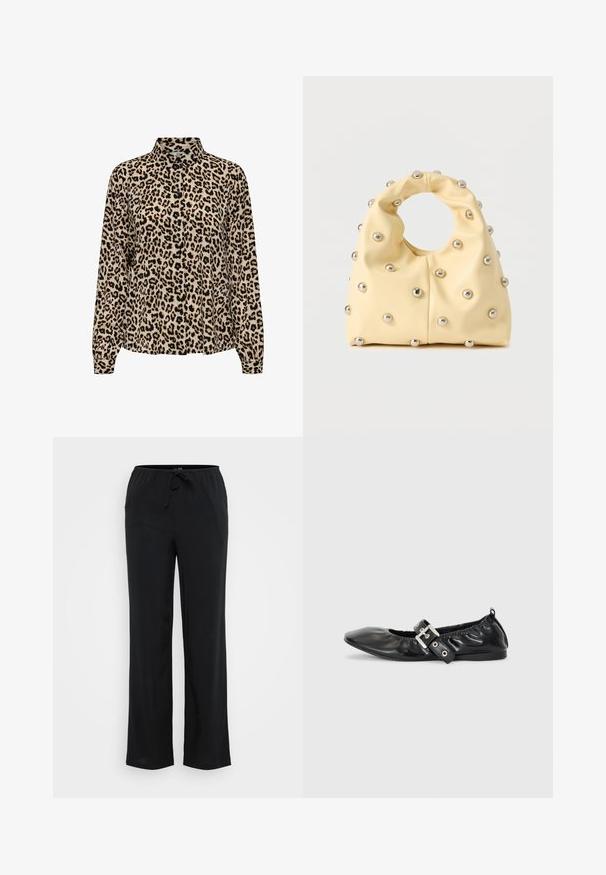 JDY JDYBROOKE LS NOOS - Overhemdblouse - pumice stone; Vero Moda Tall VMBERLIN WIDE PANEL - Broek - black; Zwarte leren platte schoen met een spitse neus, geplooide details rond de opening en een zilveren gespaccentueerde verstelbare band.; Zachte gele handtas met een ronde handgreep, versierd met gelijkmatig geplaatste kleine zilveren metalen studs op een glad oppervlak.