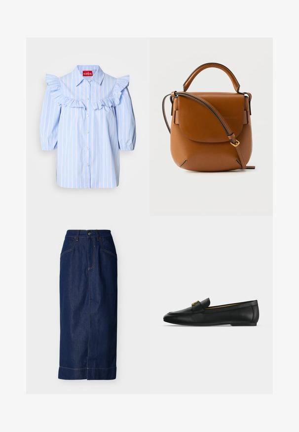 Lichtblauw gestreept shirt met gerimpelde accenten op de schouders en aan de voorkant, met een puntige kraag en knoopsluiting.; Donkere blauwe denimrok met een rechte pasvorm, voorzakken, zichtbare stiknaden en een omslag bij de zoom onderaan.; Zwarte leren loafer met een gouden metalen gesp bovenop, platte zool en een gestikt ontwerp langs de bovenrand.; Bruine leren handtas met een gebogen klep, bovenste handvat en verstelbare schouderriem tegen een effen achtergrond.