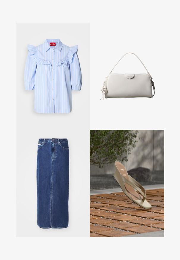 Lys blå stribet skjorte med flæse detaljer på skuldrene og foran, med spidse kraver og knaplukning.; Mørkeblå denimnederdel, knælang, med slidse foran, traditionel talje og fem-lommes design med kontrasterende syninger.; Beige læder tåsandal med BOSS-logo på indersålen, svævende over en terrasse med trælameller og små sten imellem.; Hvid rektangulær Calvin Klein håndtaske med enkelt håndtag, minimalistisk design og dekorative kvaster med geometrisk metalvedhæng på siden.