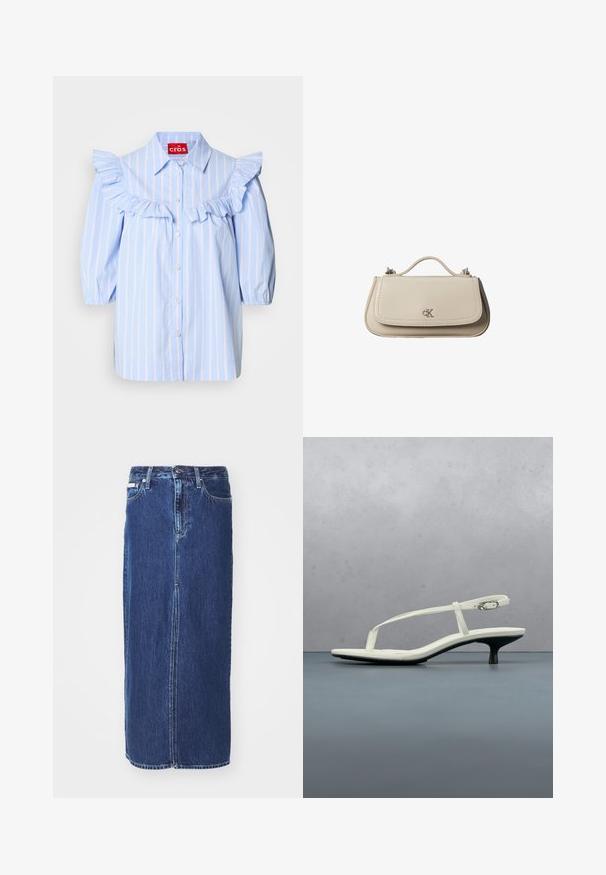 Chemise rayée bleu clair avec des accents froncés sur les épaules et le devant, dotée d'un col pointu et d'une fermeture à boutons.; Jupe en denim bleu foncé, à mi-longueur, avec une fente avant, une taille traditionnelle et un design à cinq poches avec des coutures contrastées.; Sandale blanche à talon kitten avec des lanières et un bout pointu, flottant au-dessus d'un sol en carrelage en bois en plein air avec un arrière-plan flou de plante et de mur.; Petit sac à main en cuir beige avec poignée supérieure et logo CK argenté sur le rabat avant, présenté sur fond blanc.