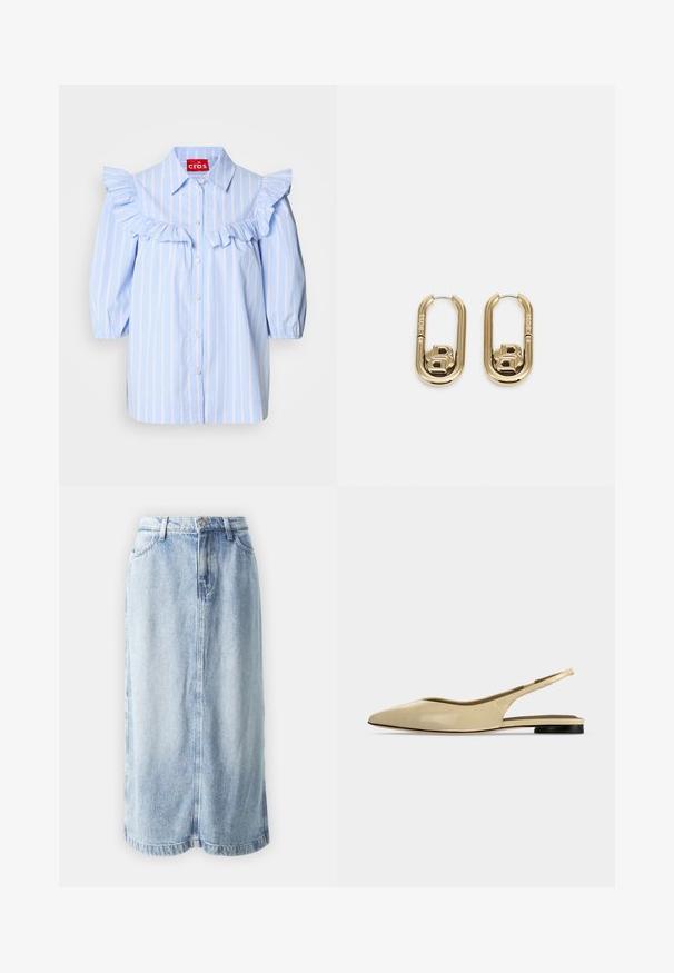 Chemise rayée bleu clair avec des accents froncés sur les épaules et le devant, dotée d'un col pointu et d'une fermeture à boutons.; Jupe en denim de couleur bleu clair, avec une coupe droite, des passants de ceinture, des poches avant et des coutures visibles le long de l'ourlet et des coutures.; Chaussure plate beige à bout pointu avec bride arrière, petit talon noir et finition en cuir lisse, vue de côté sur un fond uni.; BOSS DOUBLE B SWING - Boucles d'oreilles - gold-coloured