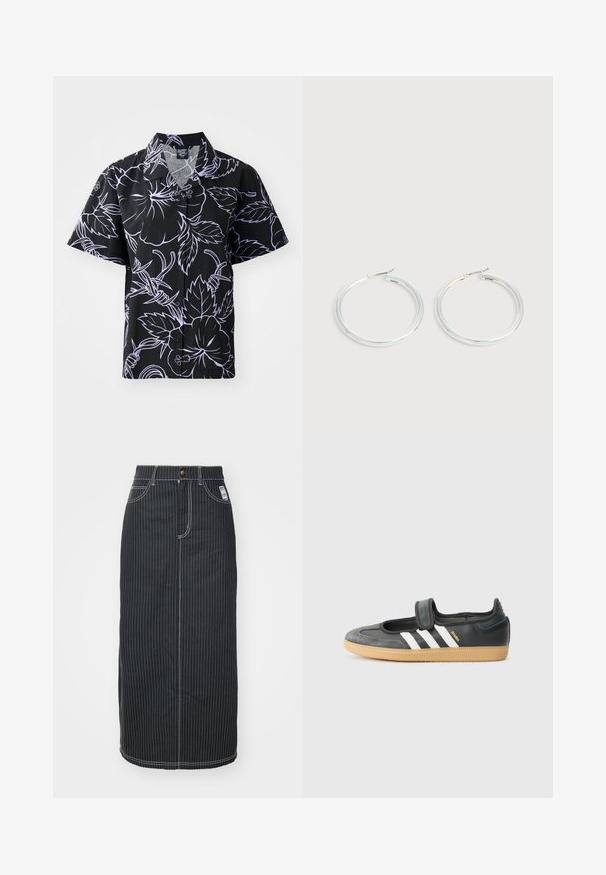 Sort skjorte med korte ærmer og hvide blomster- og bladmønstre, knap-op design og spids krave. Letvægtsstof med en glat tekstur.; Sort denim midi-nederdel med hvide lodrette striber. Har en knapliv, to forlommer og kontrastsyninger. Lige snit design.; Sort læder- og ruskinds sneakers med en Velcro-rem, der har tre hvide striber og en gummisål, mærket "SAMBA" på siden.; Par skinnende sølvøreringe med tynde trådlåse, vist på en lys grå baggrund.