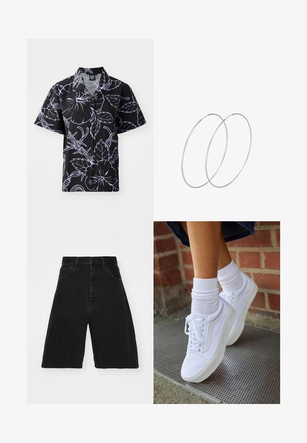Kurzes schwarzes Hemd mit weißen Blumen- und Blattmustern, Knopfleiste und spitzen Kragen. Leichter Stoff mit glatter Textur.; Schwarze Denim-Shorts mit hoher Taille und weitem Bein, ausgestattet mit fünf Taschen und einem Knopfverschluss. Glatte Textur mit minimalen Verblassungen.; Weiße Leinensneaker mit Gummisohlen, ausgestattet mit sechs Ösen, runder Zehenpartie und dezenten Nähten, kombiniert mit weißen Knöchelsocken.; Silberne Creolen mit minimalistischem Design. Rundform, glatte Oberfläche und dünnes Profil. Leichtgewichtig mit hochglänzender Oberfläche.