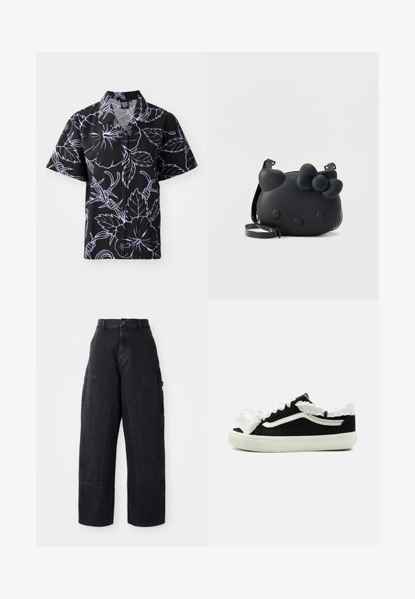 Sort skjorte med korte ærmer og hvide blomster- og bladmønstre, knap-op design og spids krave. Letvægtsstof med en glat tekstur.; Sorte denim cargo bukser med vidde og høj talje, to store forlommer og knaplukning i taljen. Glat tekstur, casual design.; Sort lavtop-sneaker med hvid sål, hvid stribe på siden og dekorativt hvidt flæset stof langs tungen og ankleranden.; Sort skuldertaske formet som en tegneserie-kats ansigt med en sløjfe på øret og en justerbar rem på en hvid baggrund.