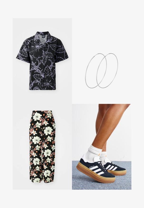 Korte mouwen zwarte shirt met witte bloemen- en bladmotieven, met knoopsluiting en puntige kraag. Lichtgewicht stof met een soepele textuur.; Zwarte bloemenbroek met grote witte, oranje en bruine bloemen, een loose fit met brede pijpen en gemaakt van zachte, lichte stoffen.; Ben met witte sokken en zwarte Adidas Gazelle sneakers met witte strepen en dikke bruine zolen op een grijs tapijt.; Zilveren hoepel oorbellen met een minimalistisch ontwerp. Cirkelvormig, gladde textuur en dun profiel. Lichtgewicht met een gepolijste afwerking.