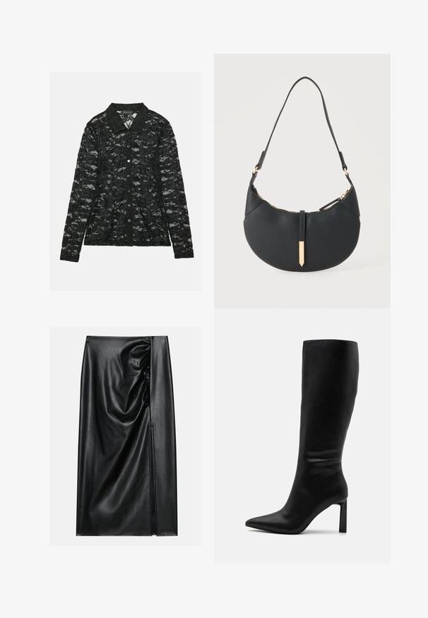 Blusa de encaje negro con cuello camisero, mangas largas, cierre de botones con botones verdes y un patrón floral en toda la prenda.; Falda de cuero negro con una textura suave, con una sección fruncida en un lado y una abertura lateral para añadir detalle.; Even&Odd by Zalando Botas - black; Bolso negro en forma de media luna con una sola correa, cremallera dorada y una lengüeta decorativa rectangular dorada en la parte delantera.