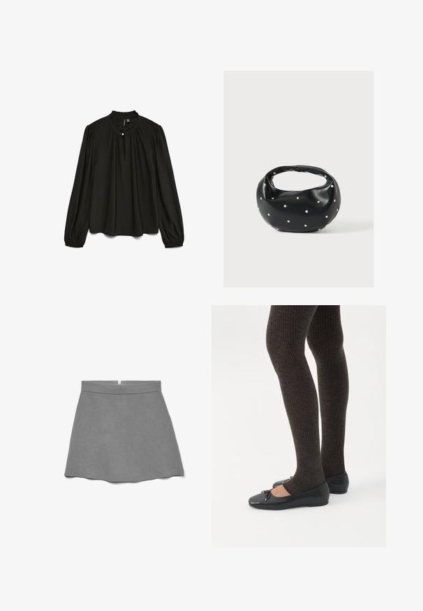 Zwarte blouse met lange mouwen en een gathered ronde halslijn, met een subtiele knoopdetail en een vloeiende silhoutte, gemaakt van lichtgewicht stof.; Grijze rok van zachte stof, met een hoge taille, uitlopende vorm en een verborgen rits aan de achterkant.; Benen met donkere geribbelde leggings gecombineerd met zwarte ballerina's met kleine strikdetails op een witte achtergrond.; Zwarte leren handtas met een afgeronde vorm, versierd met zilveren studs, en een korte handgreep. Gladde textuur en ritsluiting.