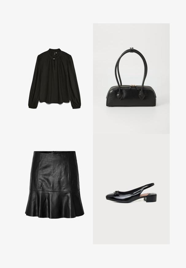 Sort langærmet bluse med en samlet rund halsudskæring, der har en subtil knapdetalje og en flydende silhuet lavet af letvægtsstof.; Sort læder mini nederdel med flagrende kant og synlige sømdetaljer, featuring en lynlås lukning bagpå.; Sort laklæder slingback sko med lav blokhæl og lille sløjfedetalje på den runde tå, vist i sidevisning mod hvid baggrund.; Sort læder håndtaske med to langstrakte håndtag, lynlåslukning og afrundet form; glat tekstur med en subtil blank finish.