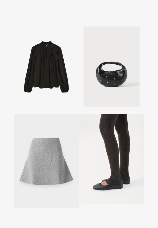 Blouse noire à manches longues avec un col rond froncé, présentant un subtil détail de bouton et une silhouette fluide, confectionnée dans un tissu léger.; Jupe évasée en maille grise avec une finition texturée. Elle présente une taille élastique et une silhouette lisse, se rétrécissant vers l'ourlet.; Jambes portant des leggings côtelés foncés associés à des ballerines noires avec de petits détails en nœud sur fond blanc.; Sac à main en cuir noir de forme arrondie, décoré de clous argentés et équipé d'une poignée courte. Texture lisse et fermeture éclair.