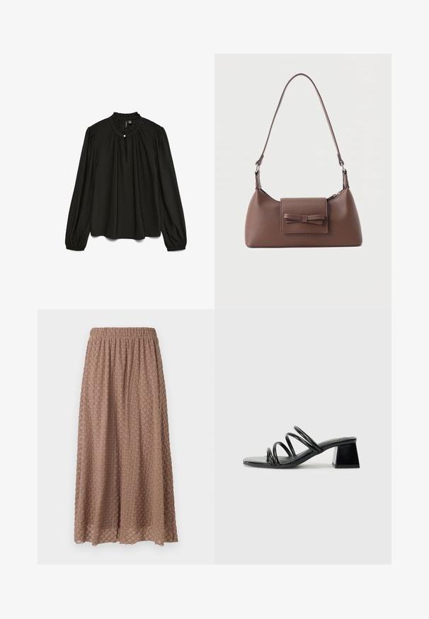 Zwarte blouse met lange mouwen en een gathered ronde halslijn, met een subtiele knoopdetail en een vloeiende silhoutte, gemaakt van lichtgewicht stof.; Bruine, knielange rok met een elastische tailleband, textuurstof met een diamanten patroon in een lichtere tint, lichtgewicht en vloeiend.; Zwarte hakkensandaal met een vierkante neus, voorzien van drie gedraaide banden op de bovenkant en een stevige vierkante hak. Glad, glanzend materiaal.; Bruine leren schoudertas met een voorvak met klep en een gestikte strikdetail en een verstelbare band.