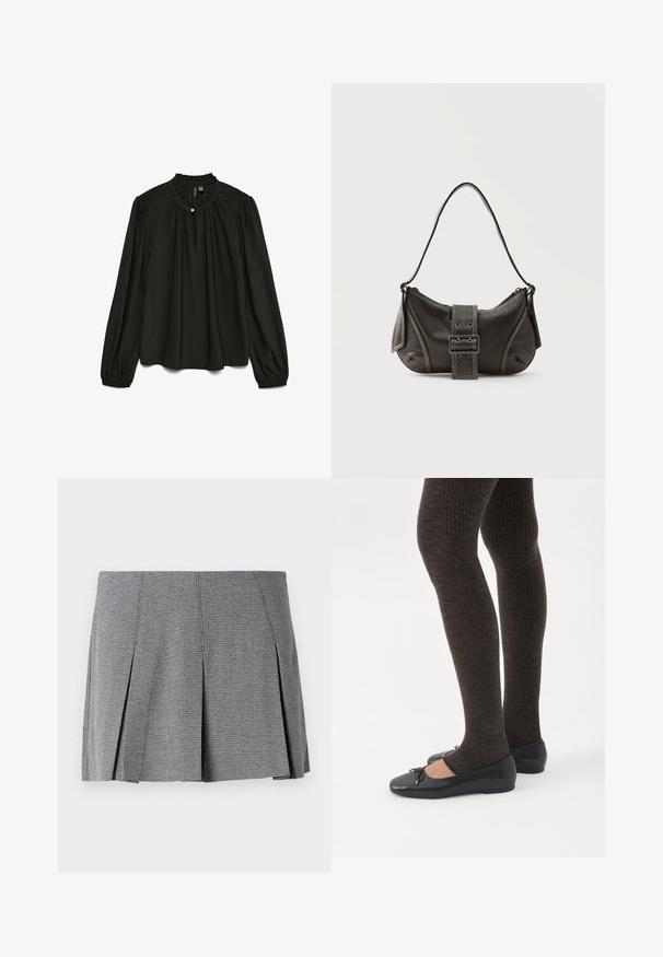 Zwarte blouse met lange mouwen en een gathered ronde halslijn, met een subtiele knoopdetail en een vloeiende silhoutte, gemaakt van lichtgewicht stof.; Grijze geplooide mini-jurk gemaakt van textuurstof, met een ruitpatroon en een rechte snit met splitdetails aan de zijkant.; Benen met donkere geribbelde leggings gecombineerd met zwarte ballerina's met kleine strikdetails op een witte achtergrond.; Zwarte leren schoudertas met gespsluiting aan de riem, afgeronde hoeken en contrasterende witte stiksels op een effen achtergrond.