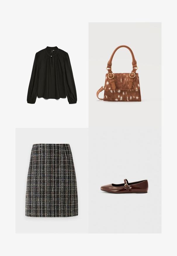 Sort langærmet bluse med en samlet rund halsudskæring, der har en subtil knapdetalje og en flydende silhuet lavet af letvægtsstof.; Sort ternet mini nederdel med et struktureret tweedstof, der indeholder hvide og multicolore tråde. Lige snit med en subtil kant.; Brun patentlæder balletflade med firkantet tå og strop med en lille guldbuckle. Glat tekstur, lav hæl og minimalistisk design.; Brun håndtaske med hvidt plettet mønster, guldlåse detaljer, kort afrundet håndtag og en aftagelig skulderrem på hvid baggrund.