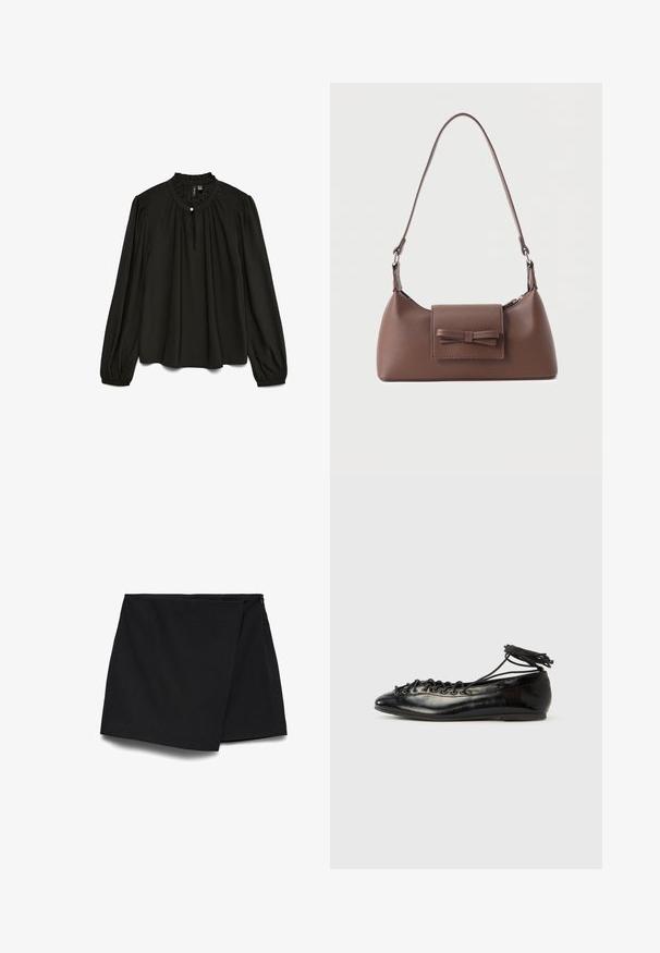 Zwarte blouse met lange mouwen en een gathered ronde halslijn, met een subtiele knoopdetail en een vloeiende silhoutte, gemaakt van lichtgewicht stof.; Zwarte asymmetrische minirok met overslag aan de voorkant en ritssluiting aan de zijkant.; Zwarte ballerina's van lakleer met een afgeronde neus, veterdesign en een platte zool. Glad oppervlak met minimale details.; Bruine leren schoudertas met een voorvak met klep en een gestikte strikdetail en een verstelbare band.