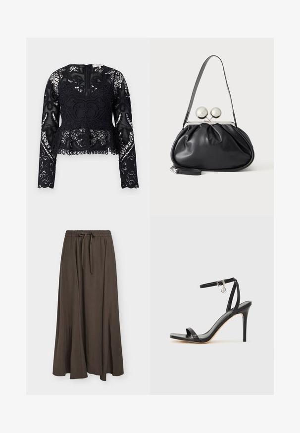 Top peplum negro de encaje con mangas largas, patrones florales intricados y dobladillo en pico. Presenta un escote redondo y cierre de cremallera en la parte posterior.; Falda larga de color marrón oscuro con cintura elástica y cordón, tela lisa, ligero vuelo, colgando plana sobre un fondo claro.; Sandalia de tacón alto negra con una estrecha correa en el tobillo, punta cuadrada, material de cuero liso y detalle de hebilla metálica.; Bolso de mano de cuero negro con diseño fruncido, una sola correa, marco metálico plateado y dos cierres grandes redondos de plata.