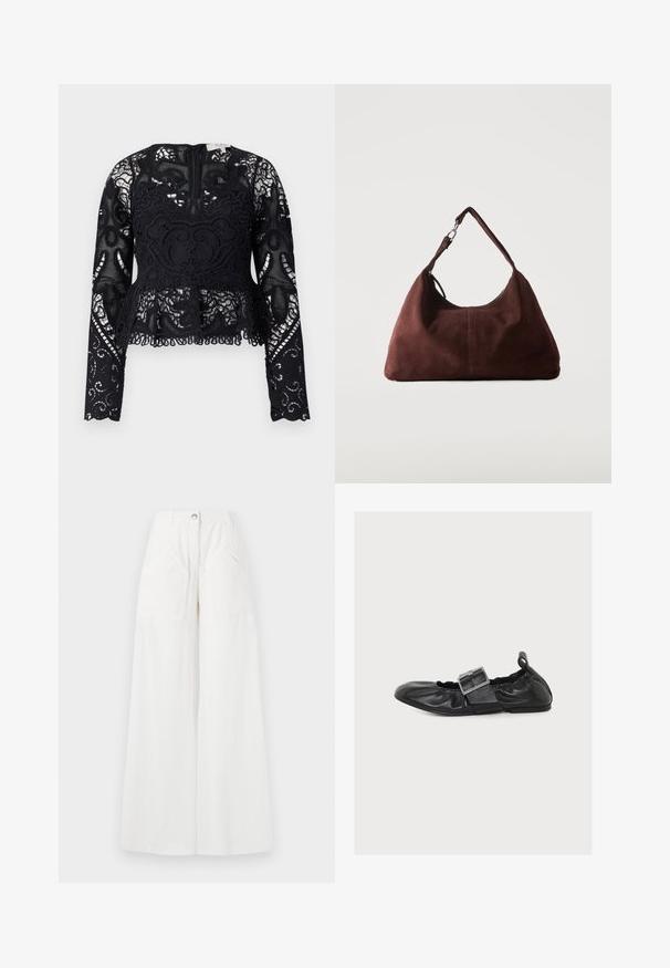 Top peplum negro de encaje con mangas largas, patrones florales intricados y dobladillo en pico. Presenta un escote redondo y cierre de cremallera en la parte posterior.; Pantalones anchos de lino blanco con cintura alta, grandes bolsillos frontales y cierre de un solo botón. Textura suave con un ajuste relajado.; Zapato plano de cuero negro con una gran hebilla plateada y laterales elásticos sobre fondo blanco liso.; Bolso de hombro de ante marrón suave con una sola correa y herrajes de metal plateado sobre un fondo claro y liso.