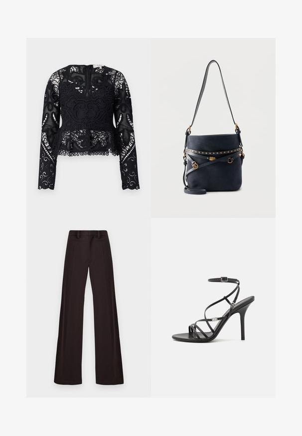 Top peplum negro de encaje con mangas largas, patrones florales intricados y dobladillo en pico. Presenta un escote redondo y cierre de cremallera en la parte posterior.; Pantalones de pierna ancha hechos de una tela oscura, con una textura suave, trabillas para cinturón y un plisado frontal, con un diseño limpio y sin adornos.; Sándalo negro de tacón alto con tiras finas, hebilla en el tobillo, superficie de cuero suave y tacón de aguja esbelto.; Bolso tipo cubo de ante negro con tachuelas doradas, correas de cuero ajustables y detalles en hardware dorado, mostrado sobre un fondo claro y liso.