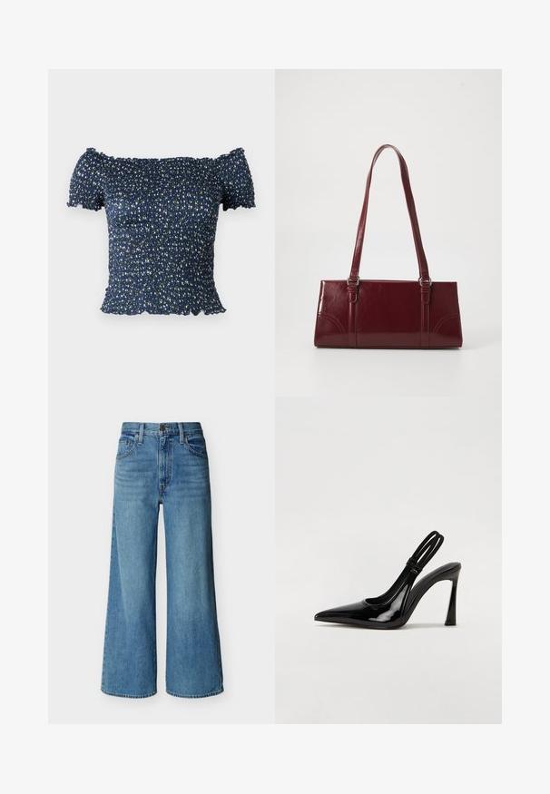 Marineblauwe off-the-shoulder top van smock stof, met een bloemenpatroon van kleine witte en groene bloemen. Zachte textuur, korte mouwen.; Blauwe high-waist wijde jeans met knoop- en ritsluiting aan de voorkant, riemlussen en vijf zakken, afgebeeld op een witte achtergrond.; Zwarte gepatineerde leren slingback pump met puntige neus, slanke hoge hak en dubbele elastische band voor een veilige pasvorm. Gladde, glanzende oppervlakte.; Bourgondische handtas van glanzend materiaal, rechthoekige vorm, met twee schouderbanden en subtiele gebogen accenten aan de voorkant.