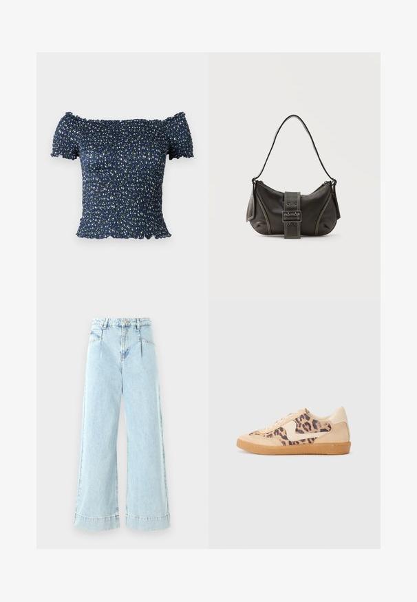 Top azul marino sin hombros hecho de tela fruncida, con un patrón floral de pequeñas flores blancas y verdes. Textura suave, mangas cortas.; Jeans de mezclilla de pernera ancha en azul claro, con una cintura alta, bolsillos frontales y detalles cosidos en el dobladillo.; Zapatillas de leopardo con parte superior de ante beige, suela de goma marrón y acentos blancos. Punta redonda y diseño con cordones con un acabado texturado.; Bolso de hombro de cuero negro con detalle de correa con hebilla, bordes curvos y costuras blancas en contraste sobre un fondo liso.