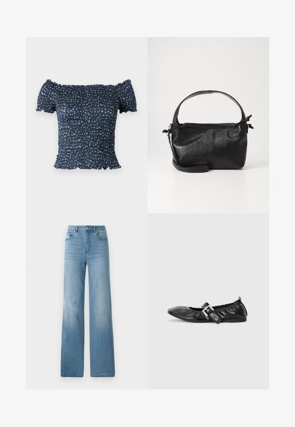 Marineblå off-shoulder top lavet af smocket stof, prydet med et blomstermønster med små hvide og grønne blomster. Blød tekstur, korte ærmer.; Lyseblå højtaljede jeans med lige ben. Fremstillet af denim, med fem lommer og knaplukning.; Sorte læder flade sko med spids tå, samling detaljer omkring åbningen, og en sølv spænde accent på den justerbare rem.; Sort læderhåndtaske med et struktureret design, rund tophåndtag og aftagelig skulderrem. Den har en glat tekstur og en subtil glans.