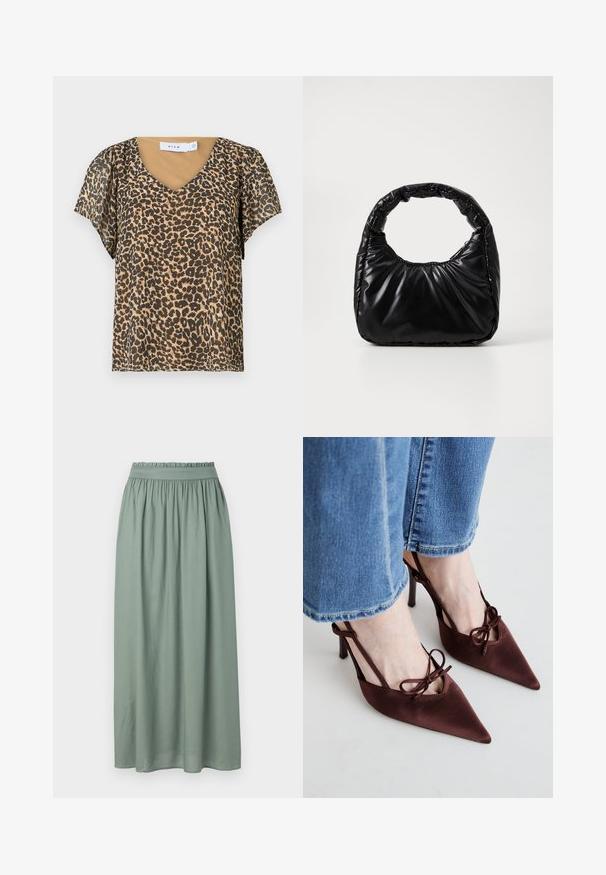 Leopardmønstret top med V-hals, korte flagrende ærmer og et beige inderlag. Lavet af let, gennemsigtigt stof.; Maxi nederdel i blød grøn stof med elastisk talje og let design. Glat tekstur uden fremtrædende mønstre eller detaljer.; Simmi London KLARA - Højhælede pumps - chocolate; Sort polstret håndtaske med et rundt håndtag, der har en glat, skinnende overflade og en blød, kviltet tekstur. Ingen synlige hardware eller accenter.