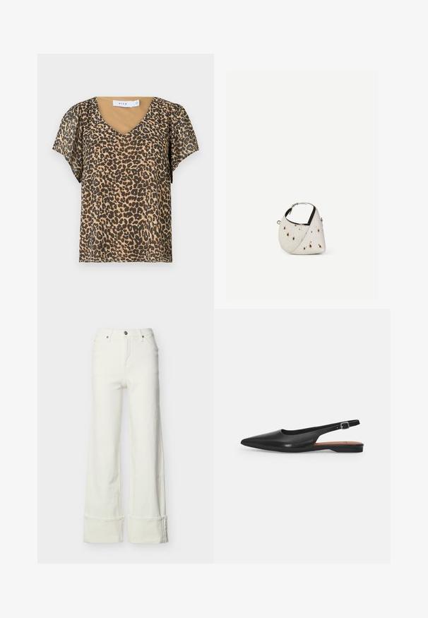 Leopardmønstret top med V-hals, korte flagrende ærmer og et beige inderlag. Lavet af let, gennemsigtigt stof.; Hvide jeans med vide ben, højtaljede, frontknap og lynlås, bæltestropper, lommer foran og bagpå samt opsmøgede kanter.; Sorte læder slingback sko med spidse tæer, subtil glans og justerbar ankelrem. Flad hæl med en brun indersål.; Lille hvid håndtaske med brune pletter, afrundet trekantet form, sort indvendig foring og kort justerbar rem med sølvspænde.