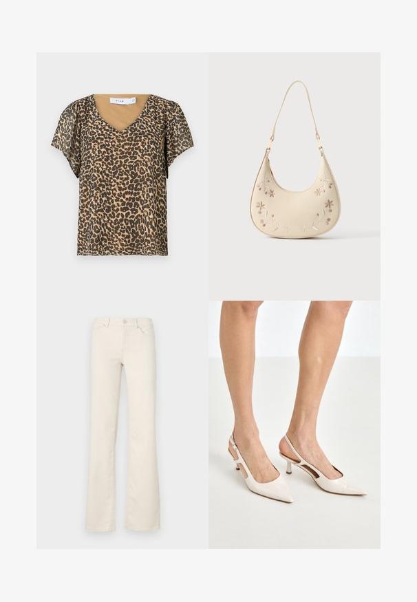 Leoprint-Oberteil mit V-Ausschnitt, kurzen Rüschenärmeln und einer beigen Innenschicht. Hergestellt aus leichtem, durchsichtigem Stoff.; Beige Schlaghosen aus Baumwollmischung, mit klassischen Taschen, einem vorderen Knopfverschluss und Nahtdetails entlang der Nähte.; Beige Lackleder Slingback-Absätze mit spitzem Fuß und 5 cm Absatz, mit ausgeschnittenen Seiten und einem schmalen Knöchelriemen.; Cremefarbene Halbmond-Handtasche mit Blumenstickerei und kurzem Riemen, hängend vor weißem Hintergrund.
