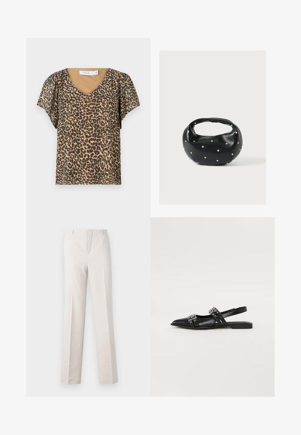 Leopardmønstret top med V-hals, korte flagrende ærmer og et beige inderlag. Lavet af let, gennemsigtigt stof.; Beige skræddersyede bukser med lige ben, der har en glat tekstur, to forlommer og ingen synlige hardware detaljer.; Even&Odd Slingback-ballerinasko - black; Sort læderhåndtaske med en rundet form, dekoreret med sølvnitter, og et kort håndtag. Glat tekstur og lynlåslukning.