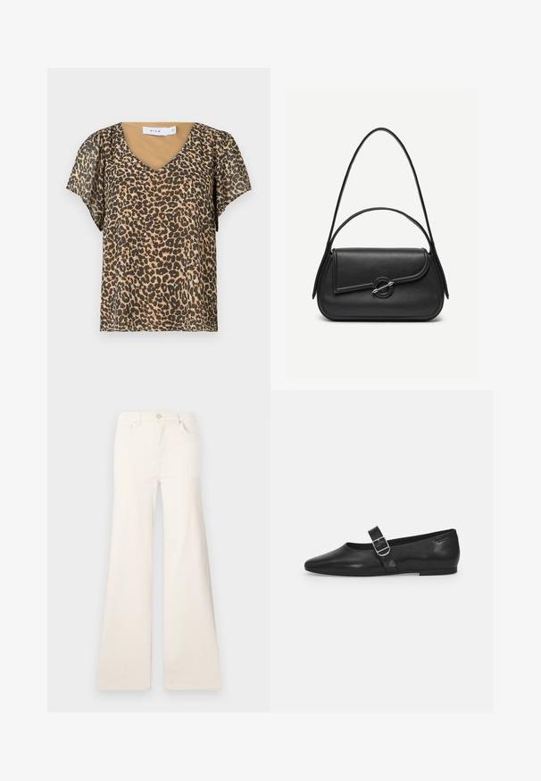 Leoprint-Oberteil mit V-Ausschnitt, kurzen Rüschenärmeln und einer beigen Innenschicht. Hergestellt aus leichtem, durchsichtigem Stoff.; ONLY Wide-fit ONLMADISON High waist Wide Leg Fit - Wide Leg - ecru; Schwarzer Lederflatschuh mit runder Zehenform, einem verstellbaren Schnallenriemen und einer glatten, glänzenden Oberfläche. Minimalistisches Design mit einem niedrigen Absatz.; Schwarze Lederhandtasche mit abgerundeten Kanten, asymmetrischem Überschlag, metallfarbenem runden Verschluss und kurzen sowie langen Schulterriemen.