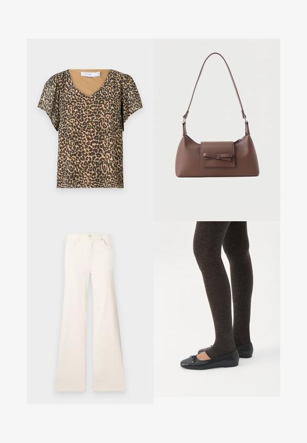 Leopardmønstret top med V-hals, korte flagrende ærmer og et beige inderlag. Lavet af let, gennemsigtigt stof.; ONLY Wide-fit ONLMADISON High waist Wide Leg Fit - Wide leg - ecru; Ben iført mørke ribbede leggings kombineret med sorte balletsko med små sløjfedetaljer på hvid baggrund.; Brun skuldertaske i læder med en frontlomme med klap, der har en sydd sløjfedetalje, og en justerbar rem.