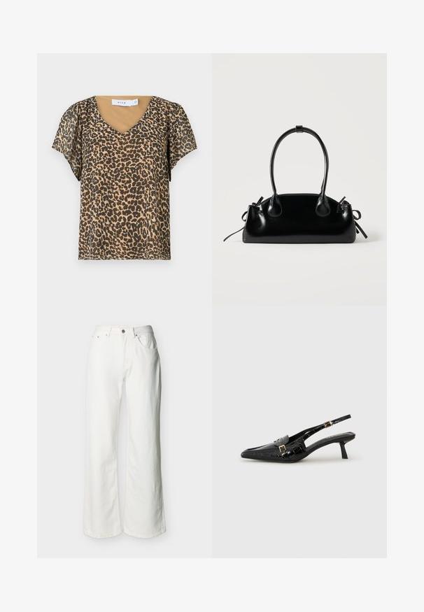 Leopardmønstret top med V-hals, korte flagrende ærmer og et beige inderlag. Lavet af let, gennemsigtigt stof.; Hvide jeans med høj talje, knap- og lynlåslukning, forlommer og let udvidede ben, vist på en ensfarvet baggrund.; Svarte slingback-hæle i lakkskinn med spiss tupp, krokodillemønster, detaljer med gullspenne og lav hæl.; Lille sort blank håndtaske med to lange håndtag og snøre-detaljer i siden på en ensfarvet lys baggrund.