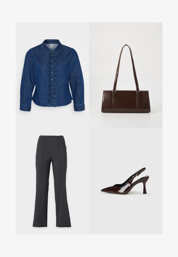 Dunkelblaues Denim-Hemd mit Knopfleiste, gekräuseltem Vorderteil, Kragen und langen Ärmeln. Das Design umfasst silberne Knöpfe und eine taillierte Passform.; Schwarze High-Waist-Hose mit geradem Bein und vertikalen Nähten vorne, vor einem schlichten, hellen Hintergrund präsentiert, ohne sichtbare Verschlüsse oder Taschen.; Braune lackleder Slingback-Absätze mit spitzem Zehen, einem dünnen Absatz und einem verstellbaren Riemen mit einer kleinen Schnalle.; Braune Lackleder-Handtasche in rechteckiger Form, mit zwei langen Griffen und subtilen, geschwungenen Akzenten auf der Vorderseite.