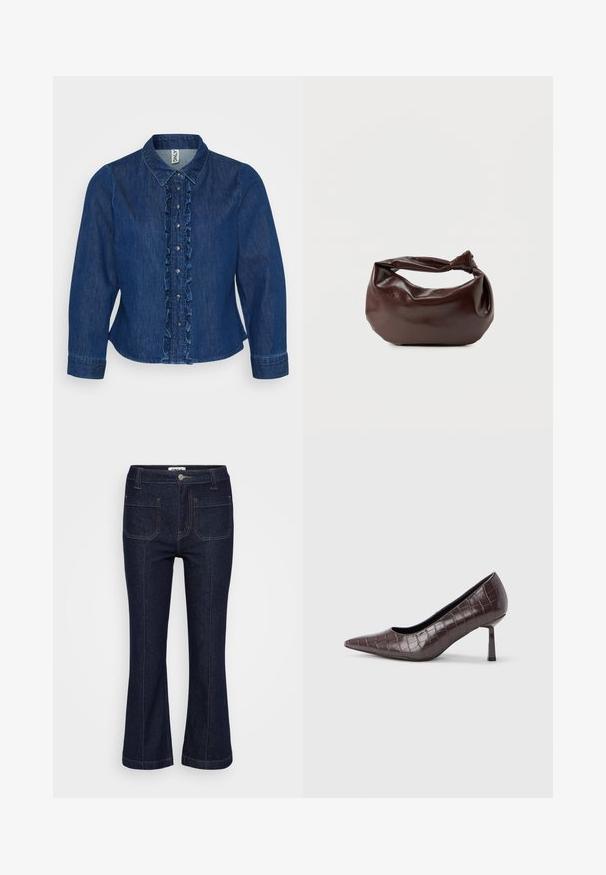 Dunkelblaues Denim-Hemd mit Knopfleiste, gekräuseltem Vorderteil, Kragen und langen Ärmeln. Das Design umfasst silberne Knöpfe und eine taillierte Passform.; Dunkelblaue Jeans aus Denim mit vorderen aufgesetzten Taschen, Kontrastnähten, Gürtelschlaufen, Knopfverschluss und leicht ausgestellt geschnittenen Beinen.; Braune Pumps mit spitz zulaufender Spitze aus Kunstleder in Krokodiloptik, mit schlankem, eckigem Absatz und glatter Innenfütterung.; Dunkelbraune Lederschultertasche mit weicher, lockerer Form und einem gedrehten Knotengriff vor schlichtem weißem Hintergrund.