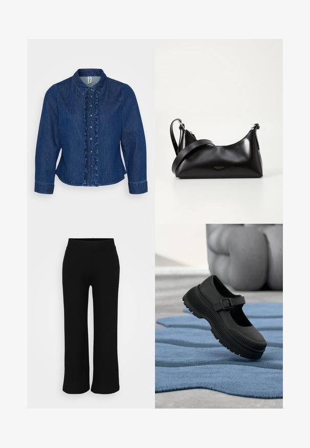 Dunkelblaues Denim-Hemd mit Knopfleiste, gekräuseltem Vorderteil, Kragen und langen Ärmeln. Das Design umfasst silberne Knöpfe und eine taillierte Passform.; Schwarze, gerippte Hosen mit weitem Bein, elastischem Bund, glatter Textur und lockerer Passform, die ein schlichtes, minimalistisches Design zeigen.; Schwarzer Mary-Jane-Schuh mit dicker, gerippter Sohle und Schnallenriemen, liegend auf einem strukturierten blauen Teppich mit unscharfem Hintergrund.; Schwarze lederne Handtasche mit glatter Textur. Verfügt über einen verstellbaren Riemen und ein elegantes, minimalistisches Design mit einem Reißverschluss.