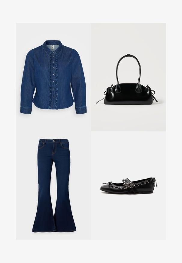Dunkelblaues Denim-Hemd mit Knopfleiste, gekräuseltem Vorderteil, Kragen und langen Ärmeln. Das Design umfasst silberne Knöpfe und eine taillierte Passform.; Dunkelblaue Jeans mit ausgestelltem Bein, vorne mit Knopf- und Reißverschluss, vorderen Taschen und Gürtelschlaufen, vor einfarbigem Hintergrund dargestellt.; Schwarzer flacher Ballettschuh mit doppelten Schnallenriemen, silbernen Ösen und einer kleinen Schleife nahe der abgerundeten Spitze auf weißem Hintergrund.; Kleine schwarze glänzende Handtasche mit zwei langen Griffen und seitlichen Kordelzug-Details vor einfachem hellem Hintergrund.