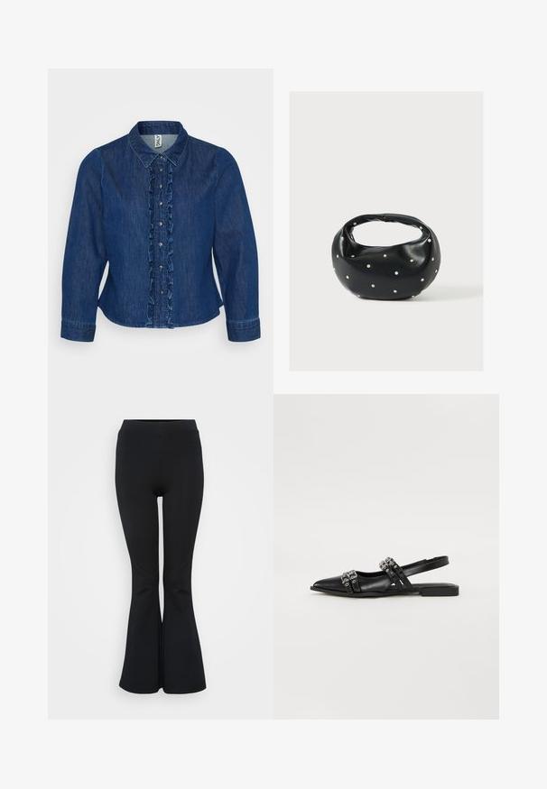 Chemise en denim bleu marine à boutons avec une patte de boutonnage froncée, un col et de longues manches. Le design comprend des boutons argentés et une coupe ajustée.; Leggings noires évasées en matériau extensible. Dotés d'une taille haute et d'une texture lisse. Se terminent par un ourlet évasé.; Even&Odd Ballerines à brides arrière - black; Sac à main en cuir noir de forme arrondie, décoré de clous argentés et équipé d'une poignée courte. Texture lisse et fermeture éclair.