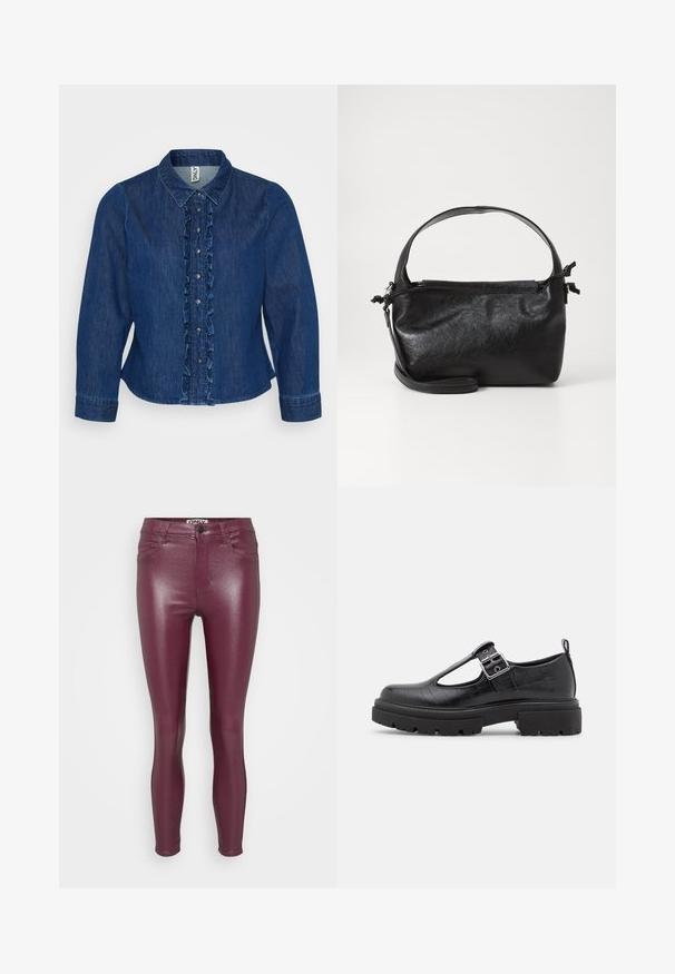 Donkerblauwe denim button-up shirt met een gerimpeld voorpand, kraag en lange mouwen. Het ontwerp bevat zilveren knopen en een getailleerde pasvorm.; Bordeaux faux leren skinny jeans met een glanzende afwerking, voorzien van een standaard tailleband, voorzakken en een strakke pasvorm over de benen.; Zwarte neplederen schoen met een krokodillenstructuur, ronde neus, enkelband met metalen gesp en een chunky rubberen zool.; Zwarte leren handtas met een gestructureerd ontwerp, een ronde bovenhandgreep en een afneembare schouderriem. Beschikt over een gladde textuur en een subtiele glans.