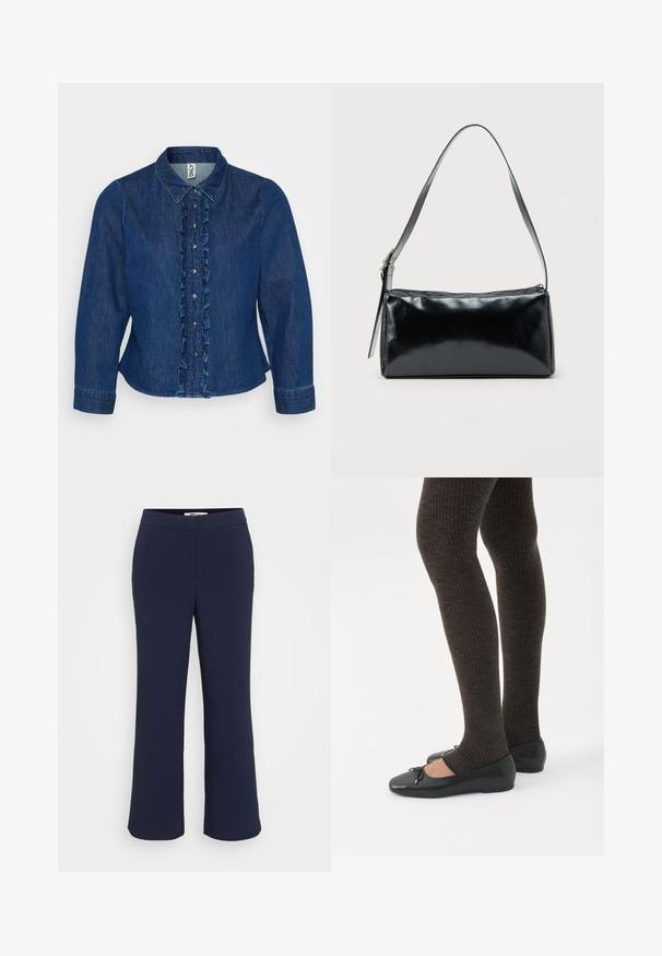 Camisa de mezclilla azul oscuro con botonadura frontal con volantes, cuello y mangas largas. El diseño incluye botones plateados y un corte entallado.; Pantalones de campana azul marino con un acabado de tela suave, que presentan una cinturilla plana y sin costuras ni adornos visibles.; Piernas con leggings oscuros acanalados combinados con bailarinas negras que presentan pequeños detalles de lazo sobre un fondo blanco.; Bolso de hombro rectangular negro con una correa ajustable y un cierre de cremallera superior sobre un fondo liso.