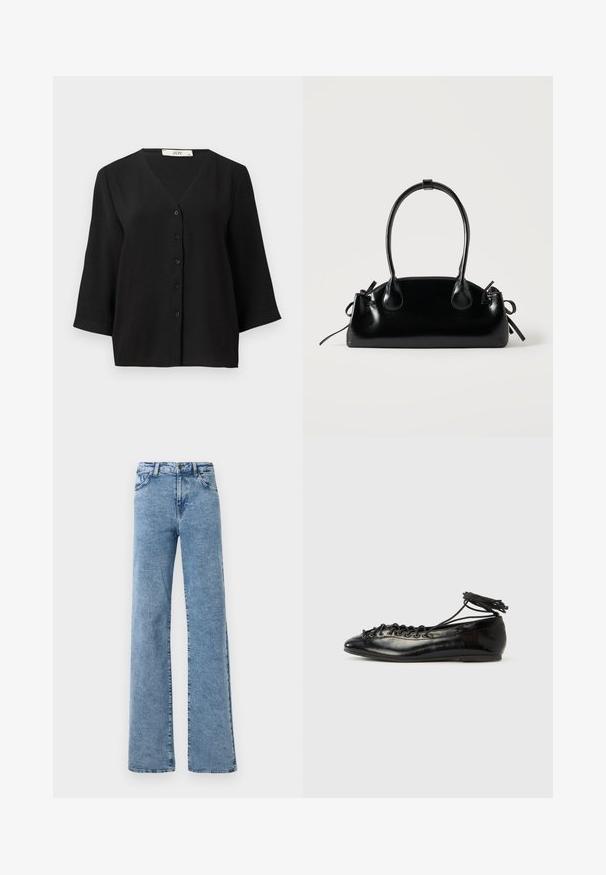 Camisa de manga corta negra con botones y escote en V, que presenta una tela texturizada y seis botones negros en la parte delantera.; Noisy May Straight fit NMYOLANDA - Pernera ancha - medium blue denim; Zapatos planos tipo ballet de charol negro con punta redondeada, diseño con cordones y suela plana. Textura lisa con detalles mínimos.; Pequeño bolso negro brillante con dos asas largas y detalles de cordón lateral sobre un fondo claro liso.