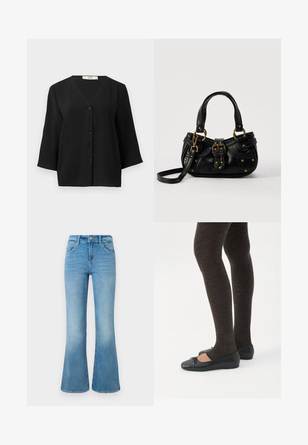 Camisa de manga corta negra con botones y escote en V, que presenta una tela texturizada y seis botones negros en la parte delantera.; Jeans de campana en denim azul claro con bolsillos frontales, presillas para cinturón y cierre de botón sobre un fondo blanco.; Piernas con leggings oscuros acanalados combinados con bailarinas negras que presentan pequeños detalles de lazo sobre un fondo blanco.; Bolso de cuero negro con hebilla y detalles de remaches dorados, asas cortas y una correa de hombro ajustable sobre un fondo blanco liso.