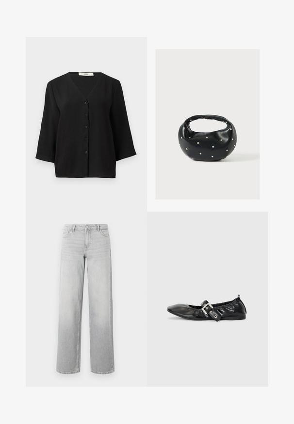 Camisa de manga corta negra con botones y escote en V, que presenta una tela texturizada y seis botones negros en la parte delantera.; Jeans de pierna ancha de color gris claro, confeccionados en denim. Cuentan con cinco bolsillos, cierre de botón y una sutil textura desgastada para un aspecto usado.; Zapato plano de piel negra con puntera afilada, detalle fruncido alrededor de la abertura y un acento de hebilla plateada en la correa ajustable.; Bolso de mano de cuero negro con forma redondeada, decorado con detalles de tachuelas plateadas y un asa corta. Textura lisa y cierre con cremallera.