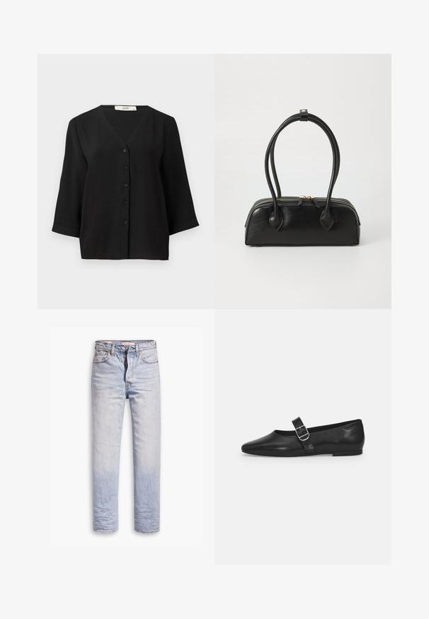 Camisa de manga corta negra con botones y escote en V, que presenta una tela texturizada y seis botones negros en la parte delantera.; Jeans de denim azul claro con un diseño de pierna recta, que cuentan con un cierre de botón, cinco bolsillos y un ligero desgastado a lo largo de las piernas.; Zapato plano de cuero negro con punta redondeada, una sola correa ajustable con hebilla y una textura suave y brillante. Diseño minimalista con un tacón bajo.; Bolso de mano de cuero negro con dos asas alargadas, cierre de cremallera y forma redondeada; textura suave con un acabado ligeramente brillante.