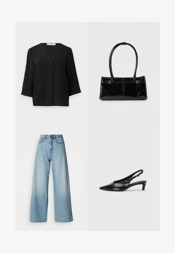 Camisa de manga corta negra con botones y escote en V, que presenta una tela texturizada y seis botones negros en la parte delantera.; Jeans de mezclilla azul claro de talle alto y pierna ancha, con diseño de cinco bolsillos y sutiles desgastes para dar textura.; Tacón de piel negra tipo slingback con punta afilada, tacón bajo tipo kitten y correa ajustable con hebilla. Textura suave con un detalle mínimo.; Bolso rectangular negro brillante con dos finas correas para el hombro y pequeños detalles de hebilla dorada en la parte frontal.