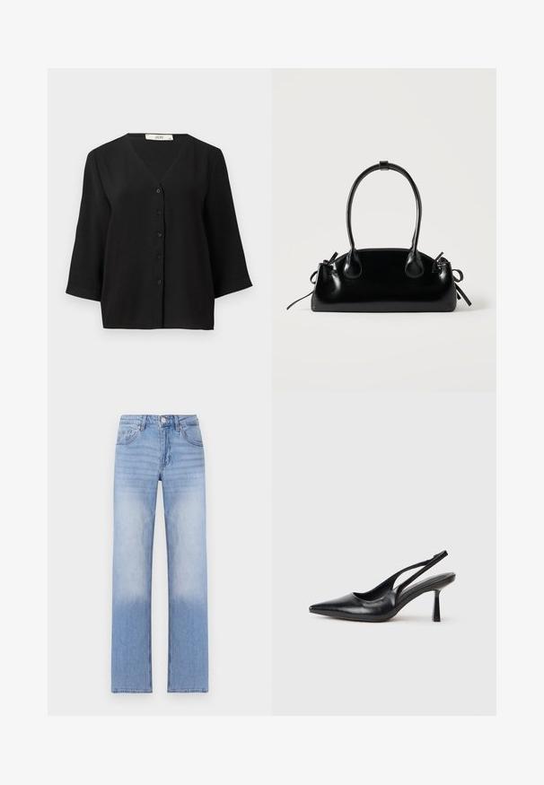 Camisa de manga corta negra con botones y escote en V, que presenta una tela texturizada y seis botones negros en la parte delantera.; Pantalones de mezclilla azul claro con un diseño de pierna recta, que presentan un lavado deslavado en la parte inferior y un estilo clásico de cinco bolsillos.; Zapato de tacón alto negro de cuero con puntera afilada y tacón delgado sobre un fondo blanco.; Pequeño bolso negro brillante con dos asas largas y detalles de cordón lateral sobre un fondo claro liso.