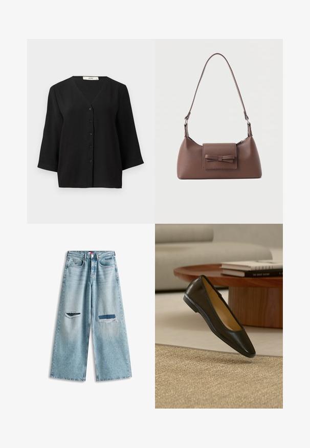 Zwarte kortemouwige button-up top met een V-halslijn, van een gestructureerde stof en met zes zwarte knopen aan de voorkant.; Lichtblauwe wijduitlopende spijkerbroek met beschadigde details, waaronder een gescheurd gat aan de linkerdij en een geplakte scheur aan de rechterdij.; Zwarte leren platte schoen met afgeronde vierkante neus op een beige geweven tapijt, met houten salontafel en gestapelde boeken op de achtergrond.; Bruine leren schoudertas met een voorvak met klep en een gestikte strikdetail en een verstelbare band.
