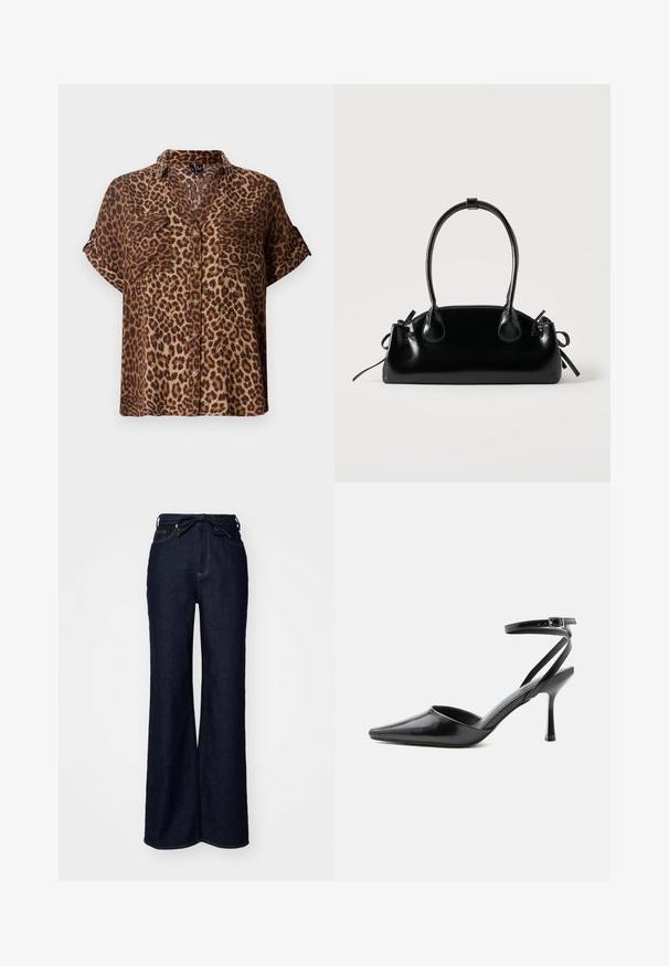 Chemisier à manches courtes, à boutons, en imprimé léopard, présentant une palette de couleurs marron clair et noir, avec deux poches poitrine et une coupe décontractée.; Jean large en denim bleu foncé, avec une taille haute, des poches avant et une fermeture à lacer à la taille.; Escarpin noir à bout pointu avec fines brides de cheville et fermeture à boucle argentée sur fond clair uni.; Petit sac à main noir brillant avec deux longues anses et des détails à cordon sur les côtés sur un fond clair uni.