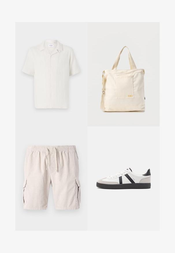 Chemise à manches courtes, couleur crème clair, avec un motif texturé subtil et un design de col classique.; Shorts cargo en velours côtelé beige avec une taille élastique, fermeture à cordon de serrage et deux poches latérales. Le tissu présente un motif texturé à côtes.; Baskets blanches avec des accents noirs et gris, présentant un embout texturé gris, une semelle en caoutchouc noir et des lacets plats blancs. Design épuré, style minimaliste.; Sac fourre-tout en toile crème avec poche avant, deux poignées, bandoulière réglable et petit texte jaune "O.N.S" en bas à droite de la poche.
