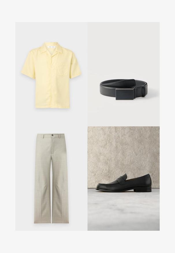 Chemise à manches courtes jaune clair avec boutons, poche poitrine et col camp, présentée sur un fond blanc uni.; Pantalon formel beige clair à jambes droites, fermeture avec bouton et fermeture éclair, passants pour ceinture, présenté sur un fond blanc.; Mocassin en cuir noir flottant au-dessus d'un tapis beige avec une table ronde brune brillante en arrière-plan.; Ceinture en cuir noir enroulée avec une boucle noire mate rectangulaire et un logo embossé discret sur fond blanc.
