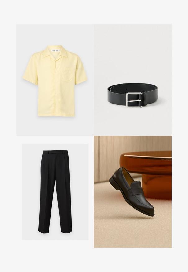 Chemise à manches courtes jaune clair avec boutons, poche poitrine et col camp, présentée sur un fond blanc uni.; Pantalon noir sur mesure avec jambes droites, plis à la taille, passants de ceinture et poches latérales fendues, présenté sur un fond uni.; Mocassin en cuir noir à talon bas flottant au-dessus d'un sol moquetté beige près d'une table ronde marron.; Ceinture en cuir noir à finition lisse, avec une boucle rectangulaire en métal argenté et plusieurs trous de réglage.